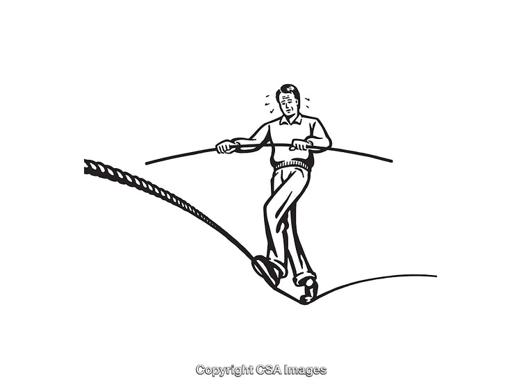 Person Balancing on a Tightrope in Black and White Line Art