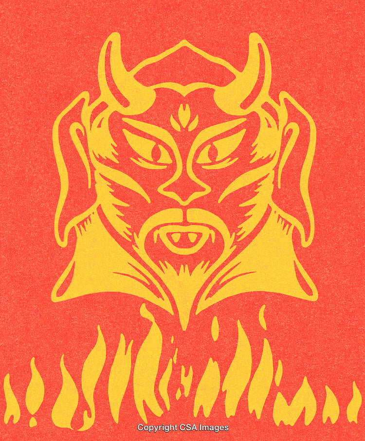 Symbolic Demon Design in Yellow and Red With Flame Accents