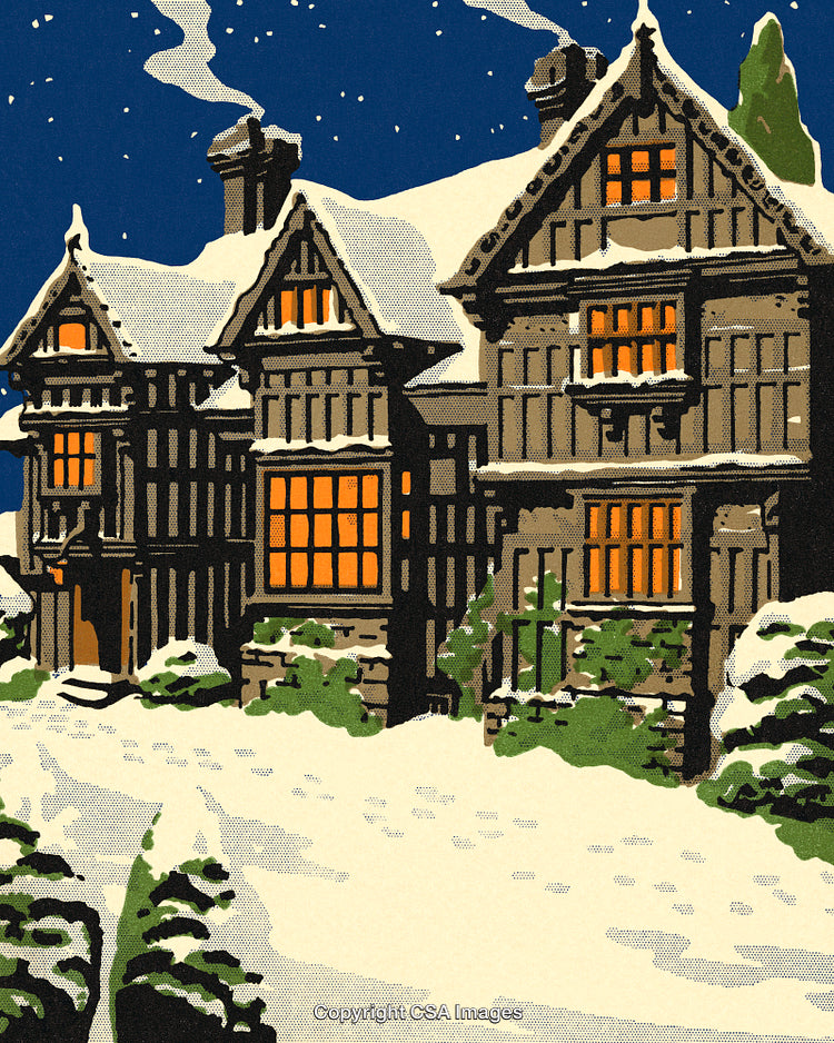 Charming Winter Nights Scene of a Snowy Historical Manor House