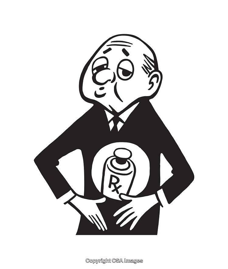 Black and White Line Art of Man Holding RX Prescription Bottle