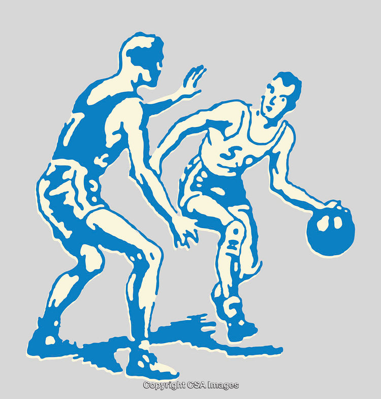 Vintage Style Two Men Playing Basketball in Color Line Art Illustration