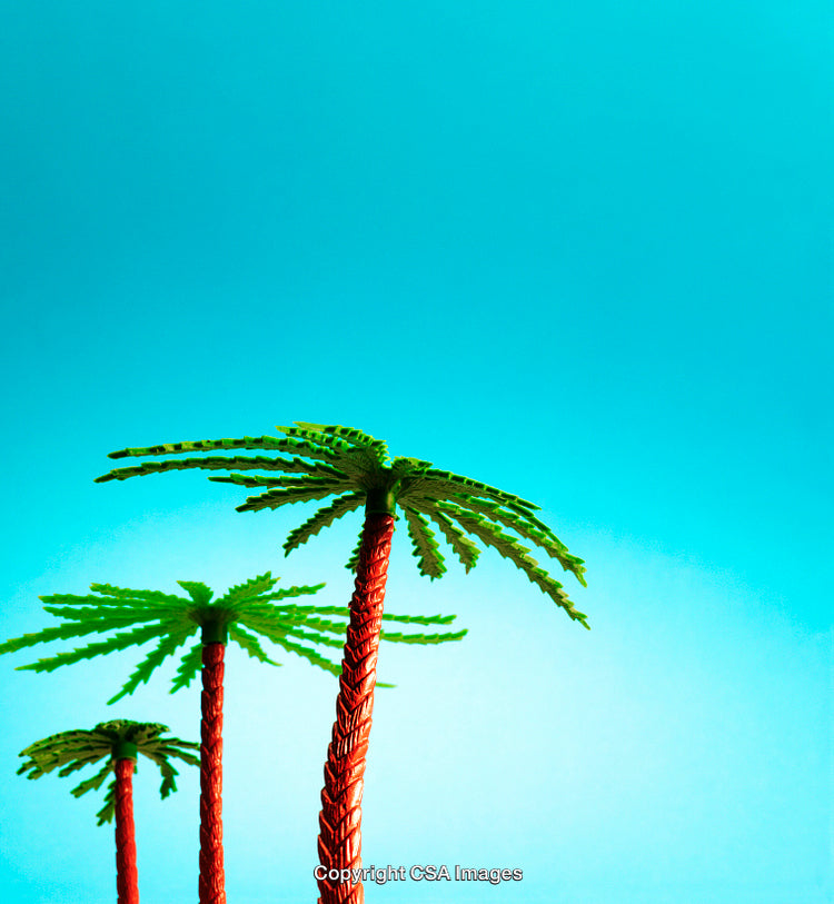 Colorful Plastic Palm Trees on a Vibrant Blue Background