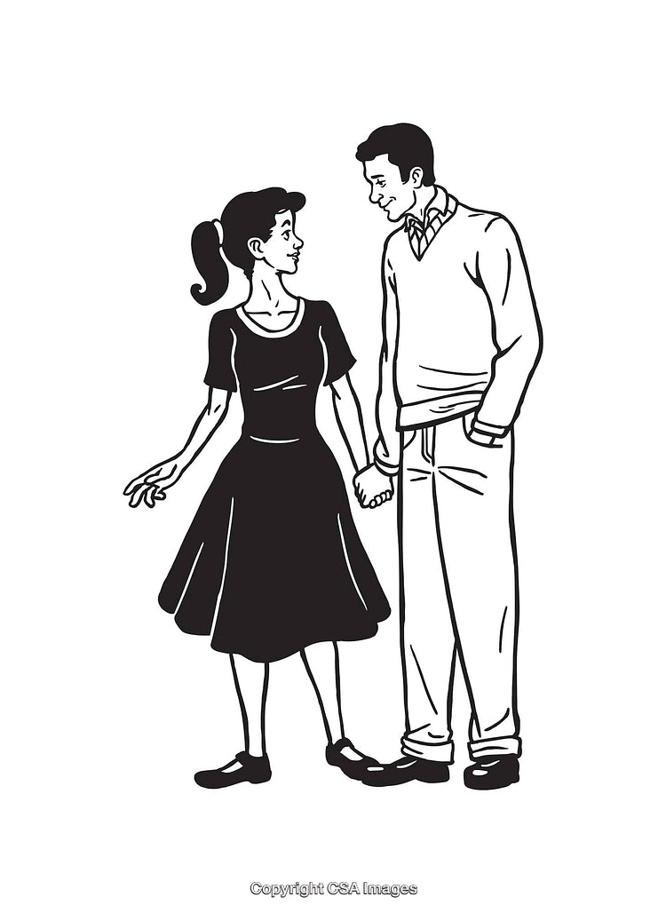 Retro Black and White Line Art of a Couple Holding Hands