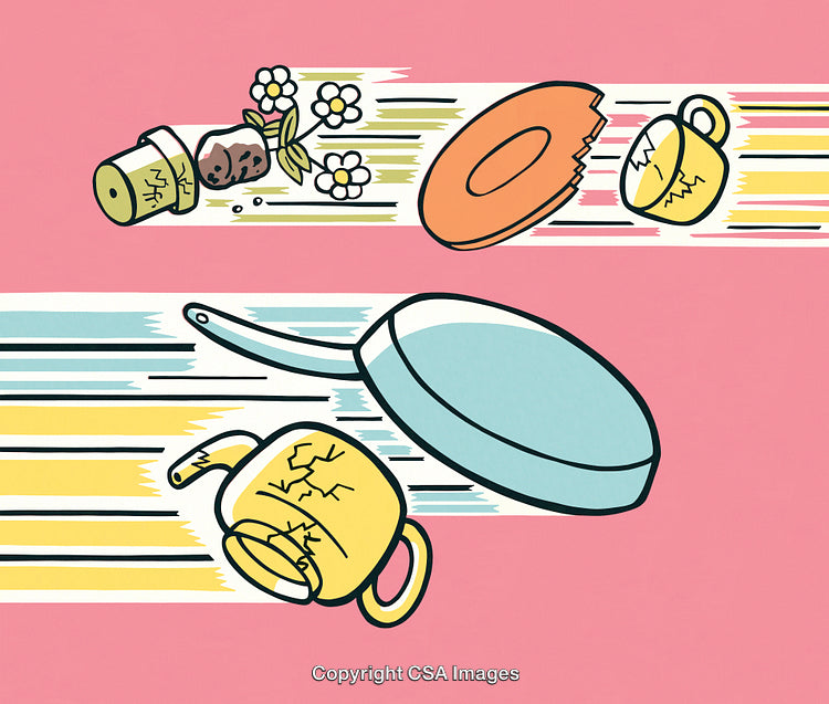 Dynamic Illustration of Broken Household Items on Vibrant Background