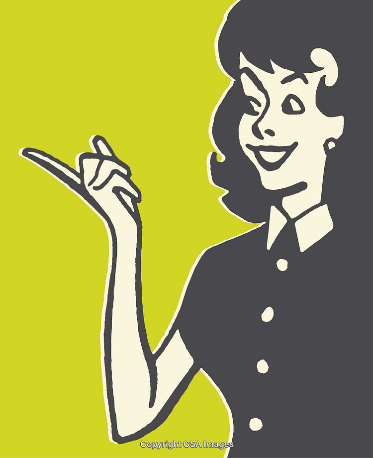 Retro Illustration of a Smiling Woman Gesturing on Bold Yellow Background
