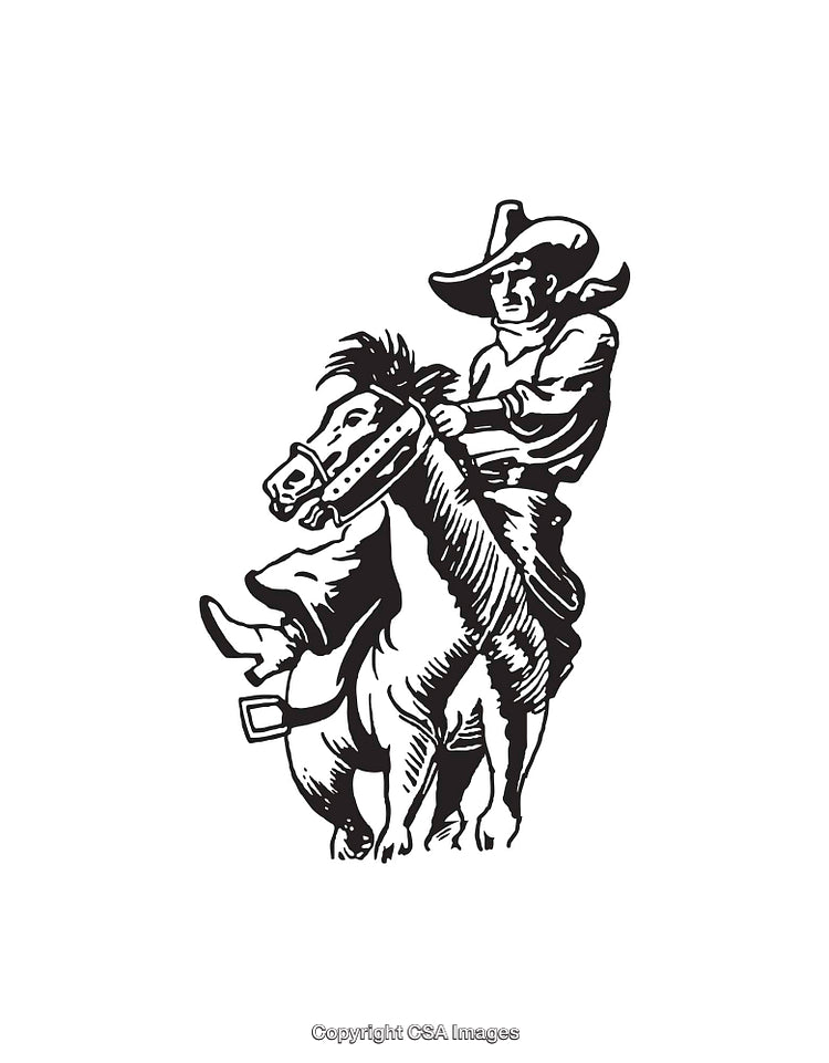 Black and White Line Art of a Cowboy Riding a Bucking Horse