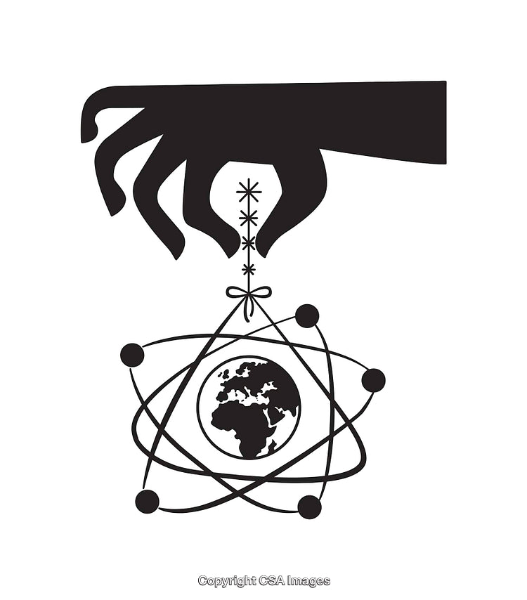 Hand Manipulating Earth With Atomic-Orbit Design in Black and White Art