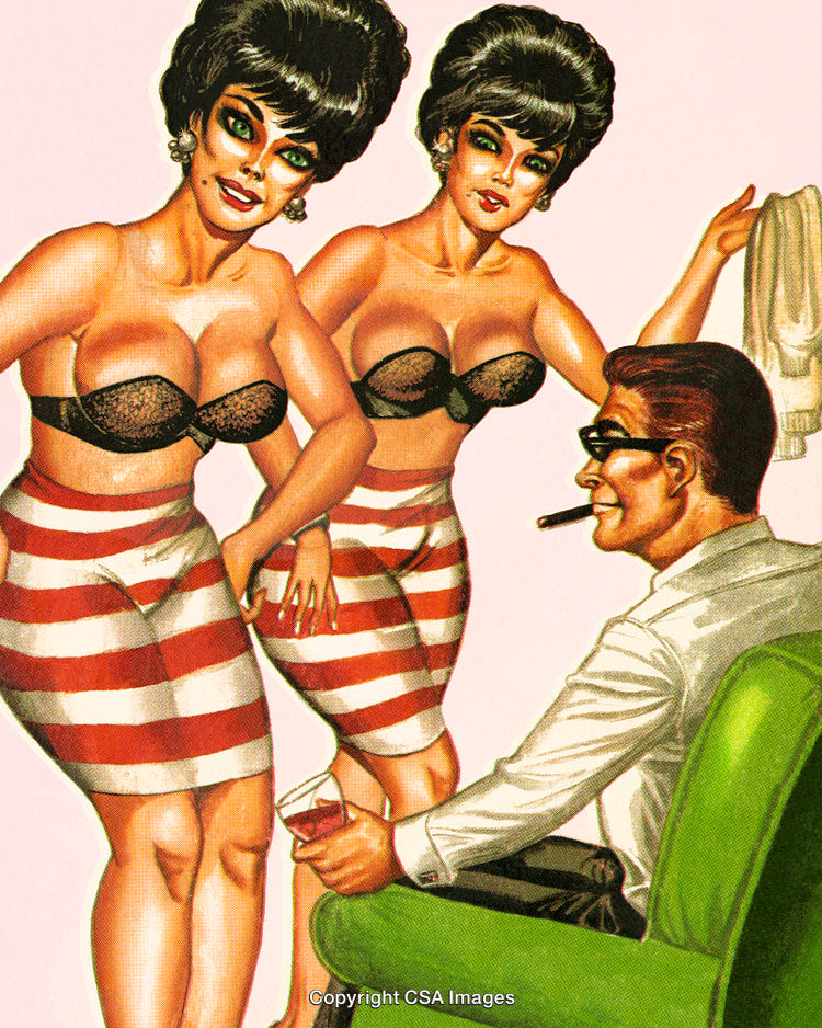 Retro Illustration of Glamorous Women and Man in Stylish Setting with Vintage Aesthetic