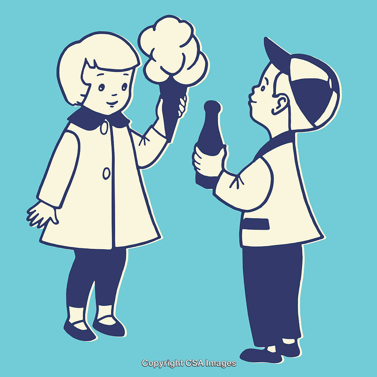 Retro Illustration of Children Sharing Cotton Candy and a Soda