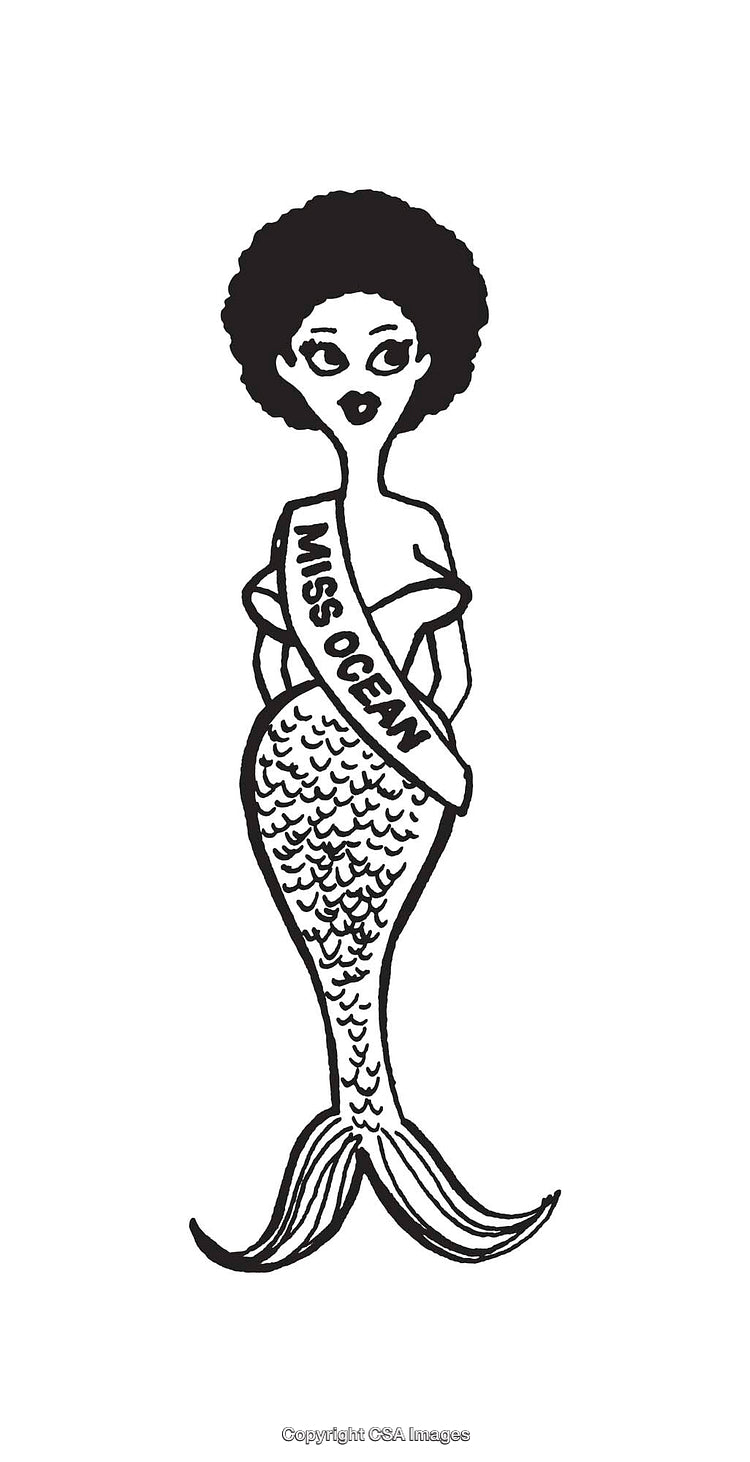 Whimsical Black And White Illustration of Mermaid With Miss Ocean Banner