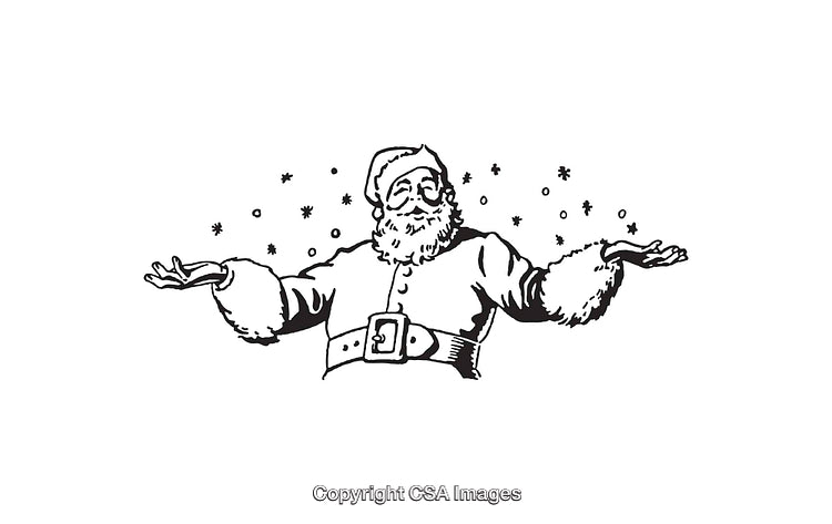 Santa Claus Illustration Surrounded by Snowflakes in Black and White Line Art