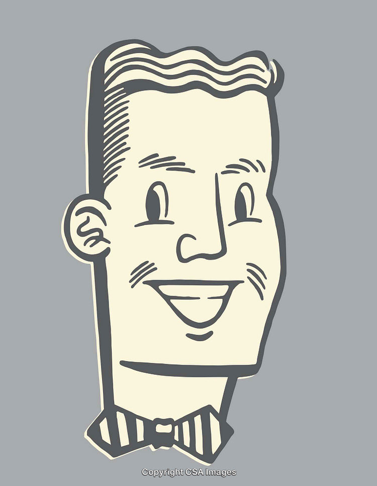 Retro Line Art Illustration of a Smiling Man in a Bow Tie