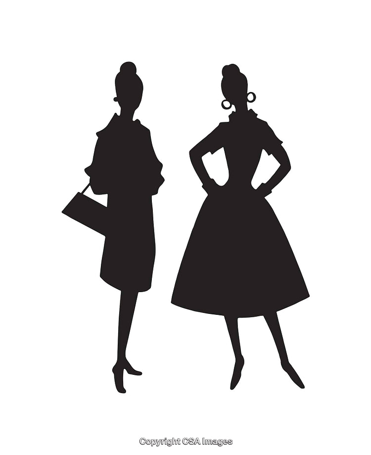 Silhouettes of Two Stylish Women in Vintage Outfits and Accessories