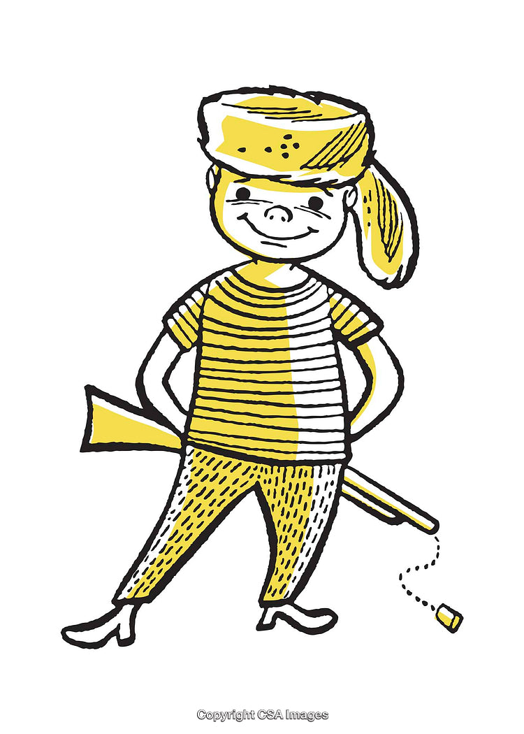 Playful Yellow-Accented Illustration of a Cheerful Child Holding a Toy Rifle