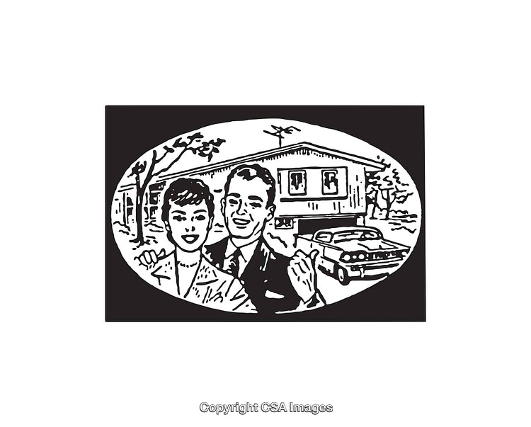 Retro Black and White Illustration of Happy Couple and Mid-Century House