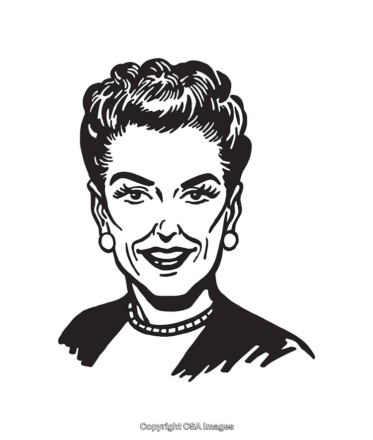 Retro Line Art Illustration of a Smiling Elegant Woman