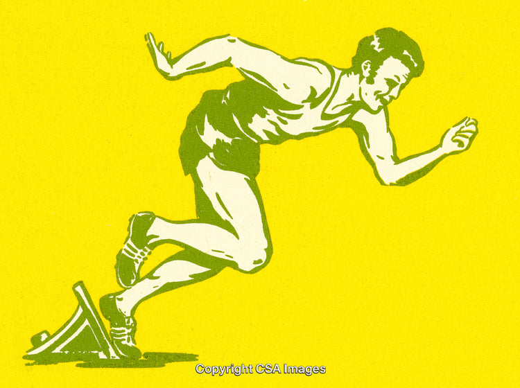 Vintage Illustration of a Sprinter in Starting Position on Yellow Background