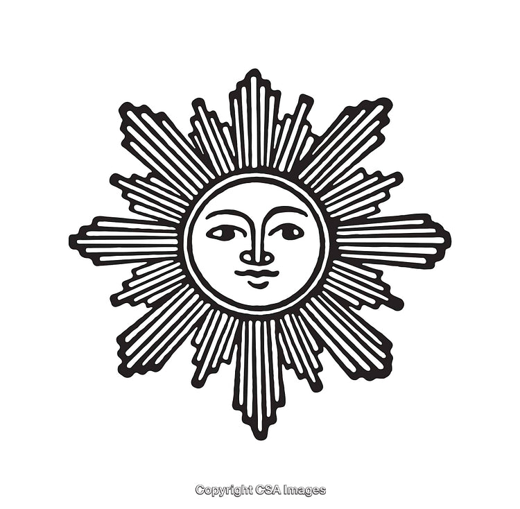 Detailed Black and White Line Art Illustration of a Radiant Sun Face