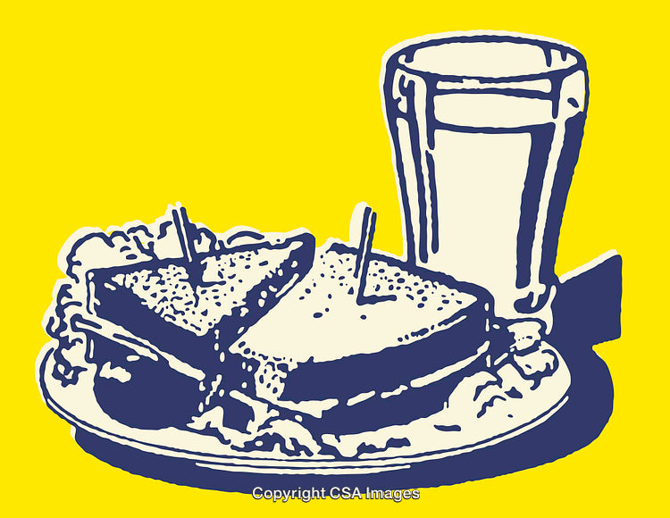 Stylized Illustration of Sandwich and Glass of Beverage on Yellow Background