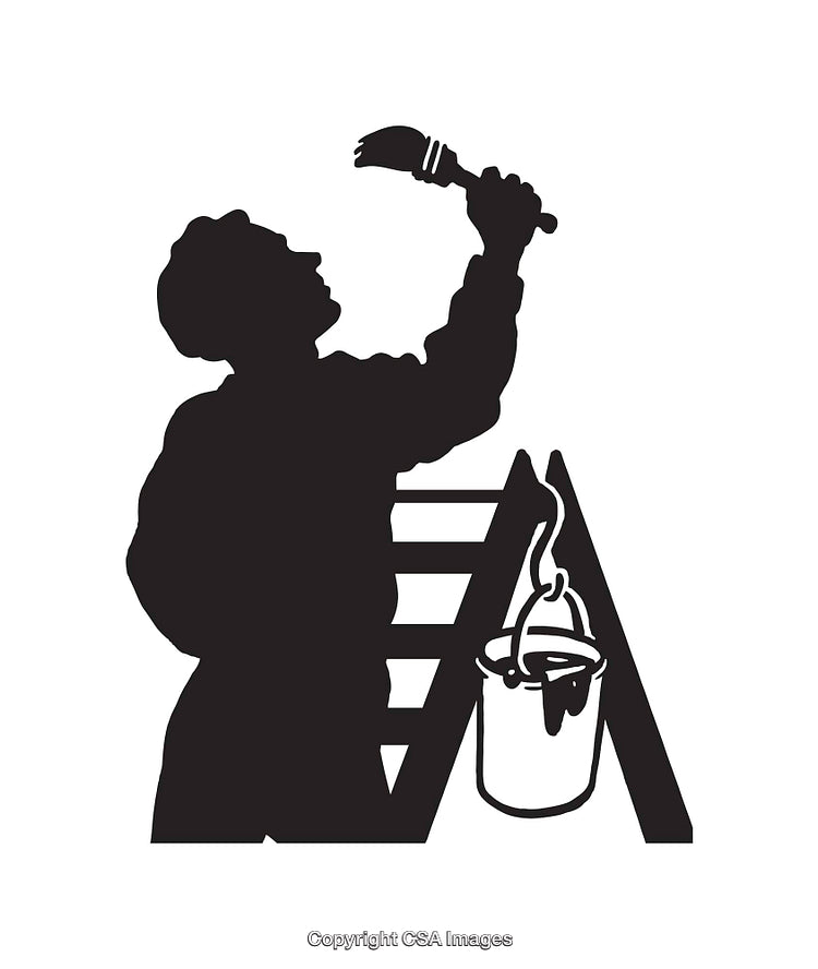 Silhouette of Painter on Ladder with Paint Can and Brush