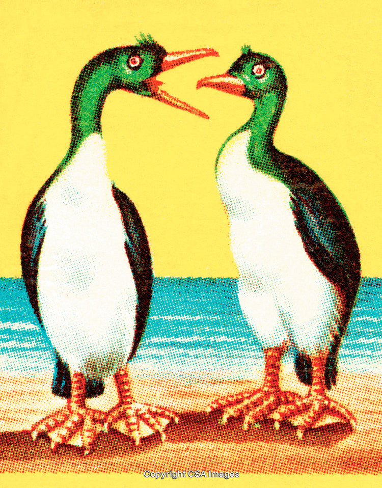 Cartoon Illustration of Two Green and White Birds on a Beach