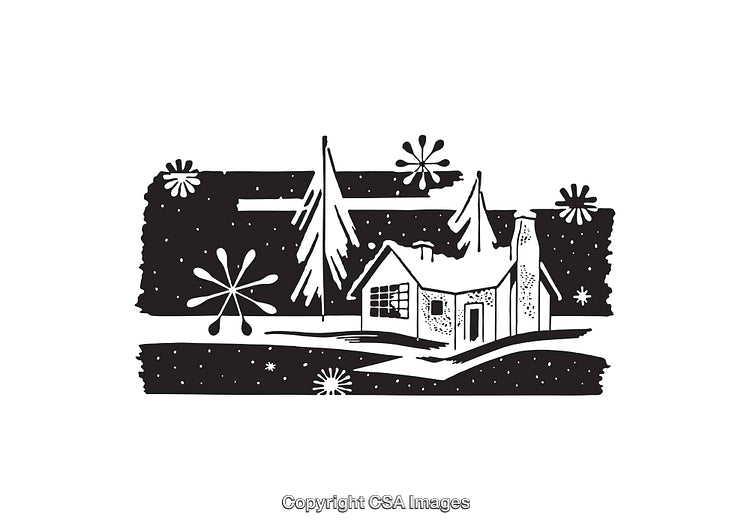 Black and White Illustration of a Winter Scene with Cozy Cabin and Trees