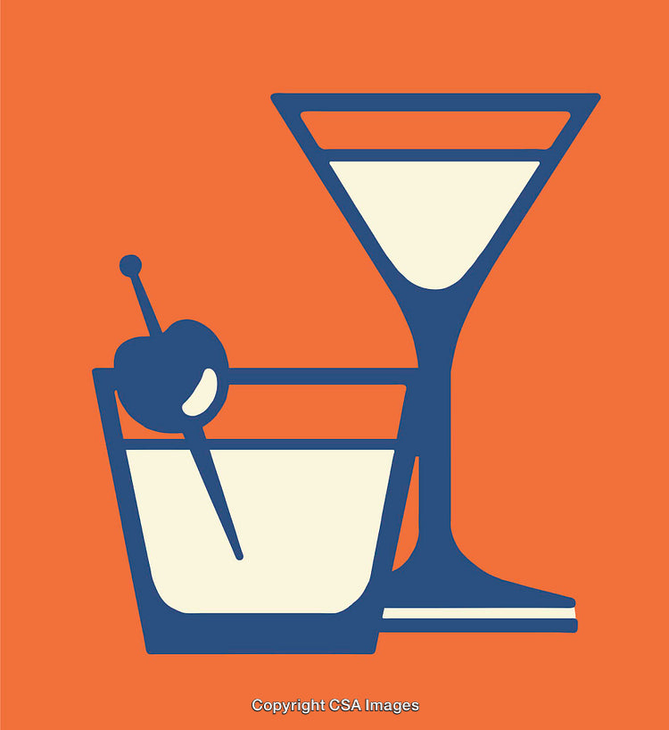 Retro Line Art Illustrations of Cocktail Glasses on Orange Background