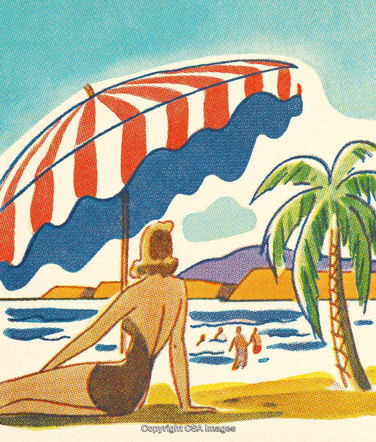 Retro Illustration of a Woman Sitting on a Beach Under a Colorful Umbrella