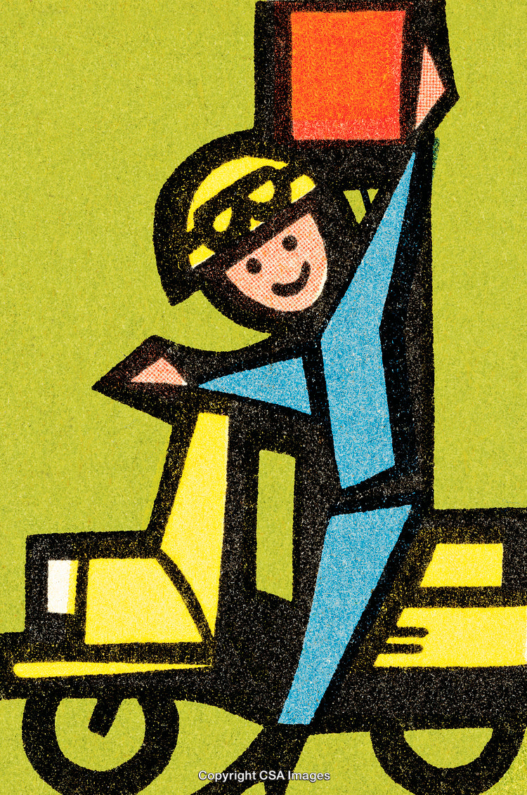Colorful Illustration of a Courier on a Scooter Carrying a Package