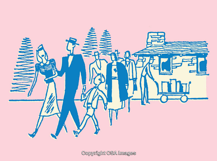 Color Line Art of People in Front of a Rustic Cabin Scene