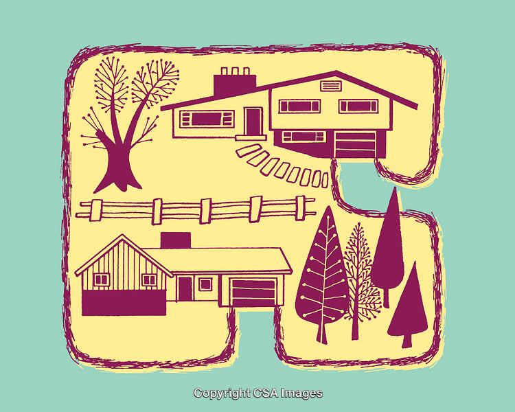 Colorful Illustration of Suburban Homes with Trees and Fencing