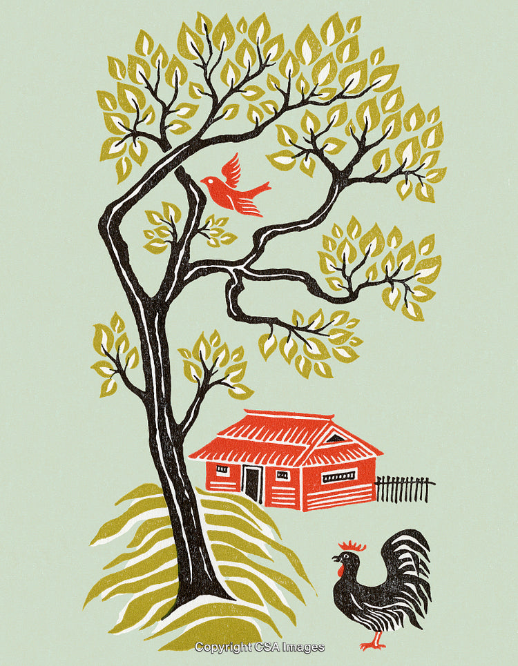 Rustic Countryside Scene with Tree, Bird, Cottage, and Rooster Illustration