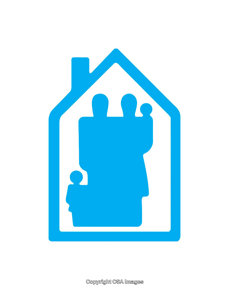 Blue Family Silhouette Icon Inside a Simple House Outline