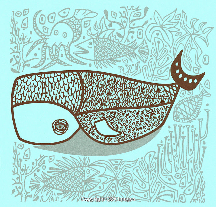 Artistic Illustration of a Whale with Detailed Marine Background Design