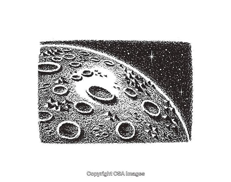 Monochrome Astronomical Artwork Depicting Lunar Craters and Stellar Background