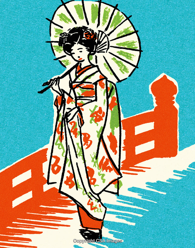 Traditional Japanese Illustration of Woman with Umbrella on Red Bridge