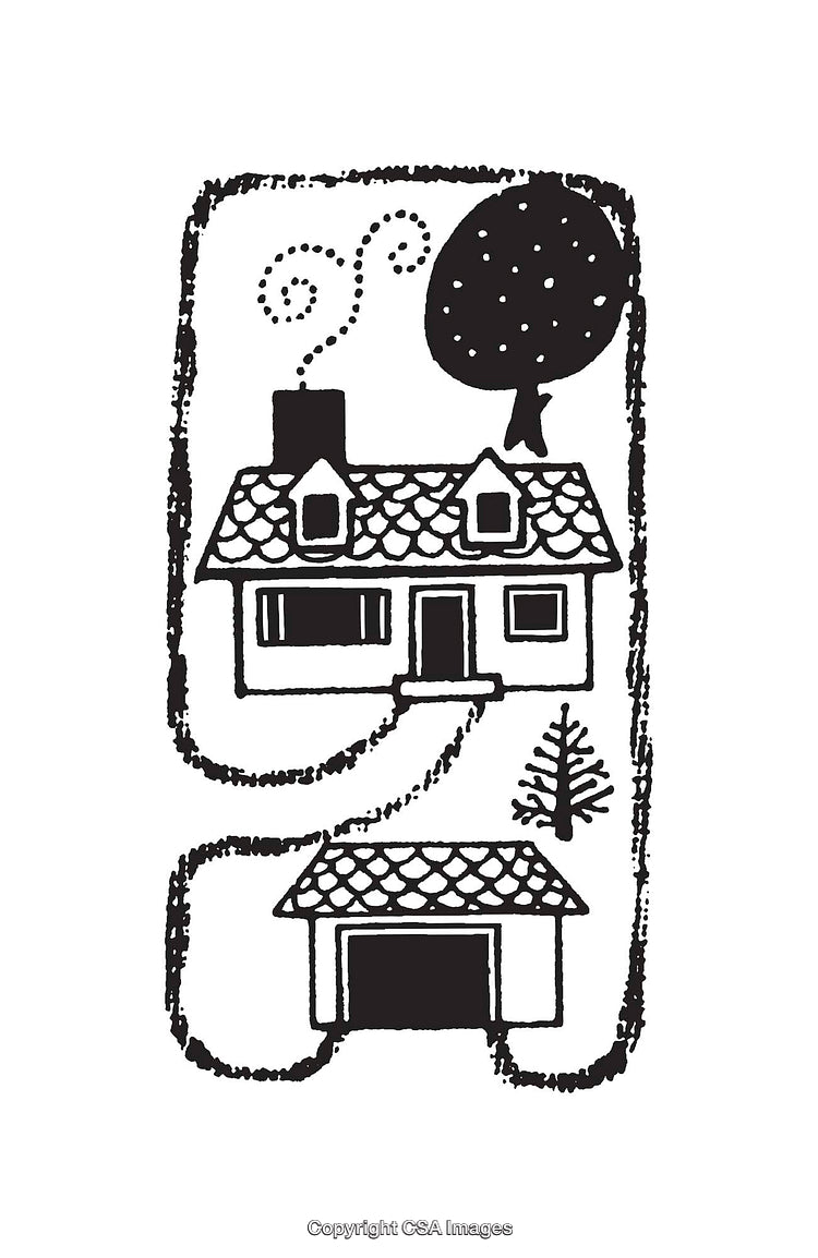 Charming Black and White Illustration of a House With Garage