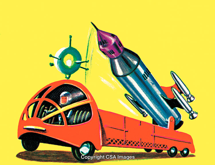 Retro Futuristic Vehicle Launching Rocket in Vibrant Yellow Background
