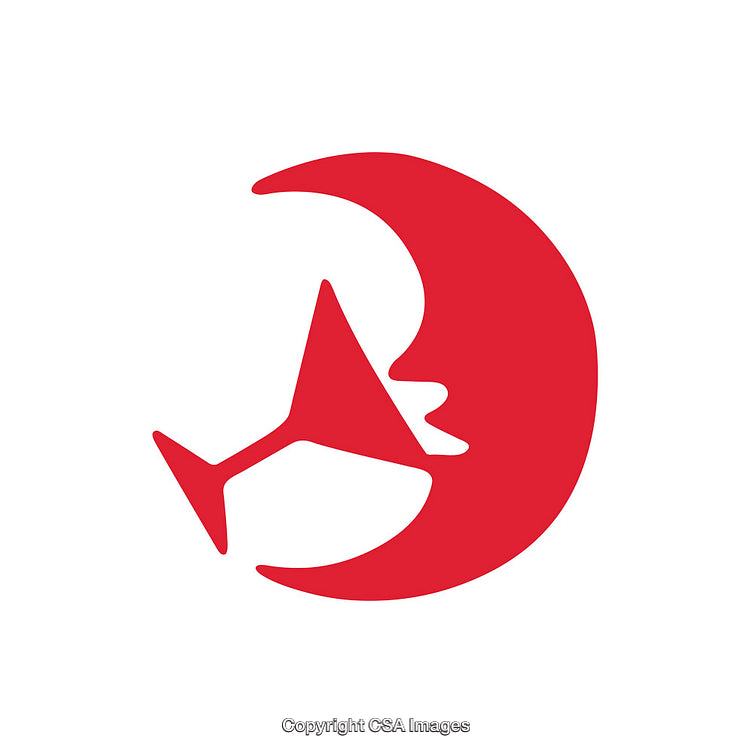 Creative Red Moon and Martini Glass Symbol on White Background