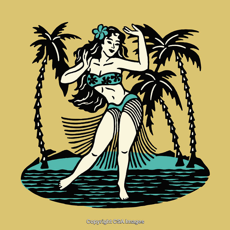 Colorful Tropical Hula Dancer Illustration with Palm Trees and Island Vibes