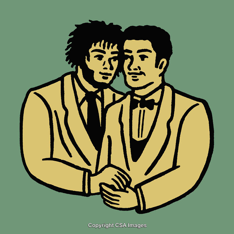 Artistic Illustration of Two Men Holding Hands in Elegant Attire