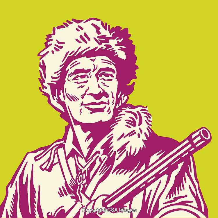 Vintage Line Art Illustration of a Pioneer with Rifle and Fur Coat