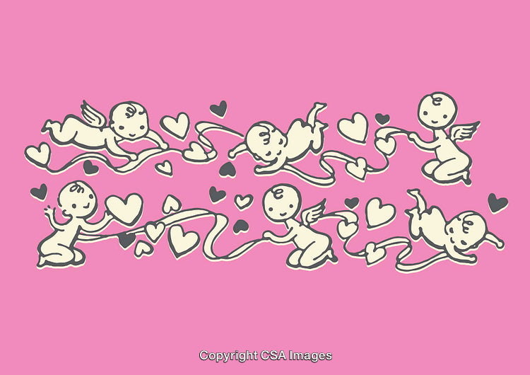 Colorful Illustration of Cupids with Hearts and Ribbons over Pink Background