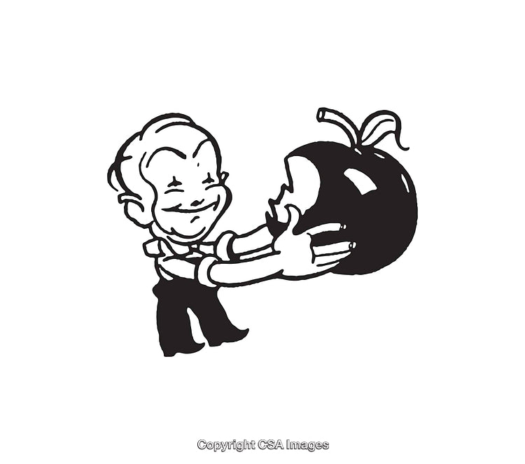 Child Joyfully Embracing an Apple in Black and White Line Art