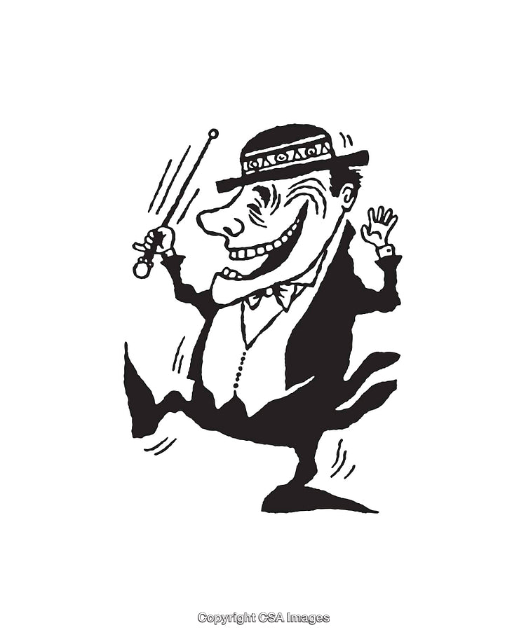 Playful Black and White Cartoon of a Dancing Man in a Hat