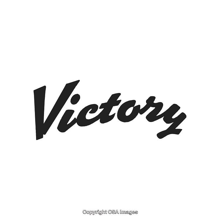 Black Script Typography Spelling the Word 'Victory' on a White Background