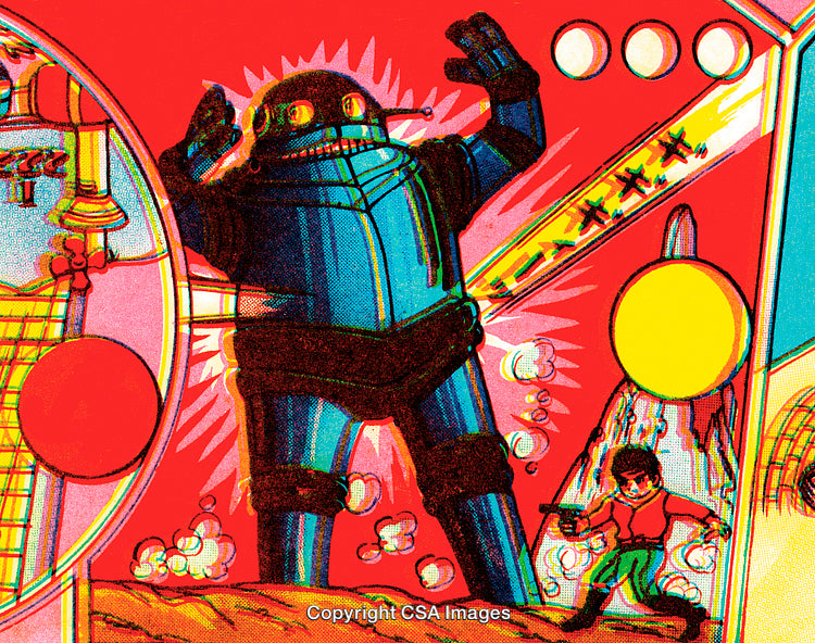 Colorful Retro Illustration of a Robot and Adventurer in Action