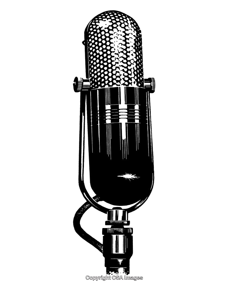 Black and White Engraving of a Vintage Microphone with Detailed Patterns