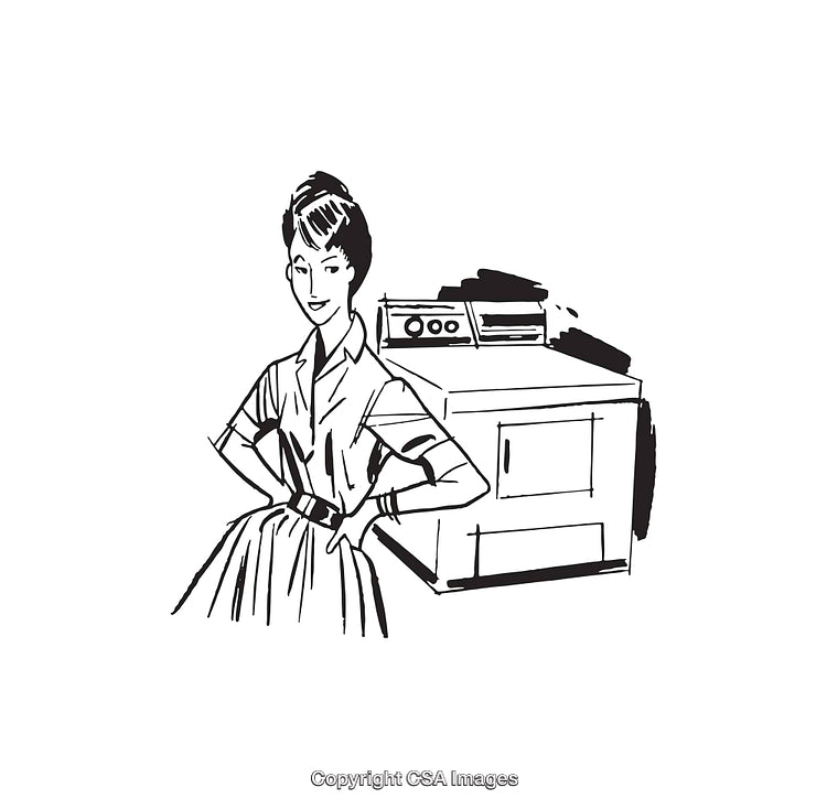 Retro Line Art Illustration of a Woman Posing by a Washing Machine