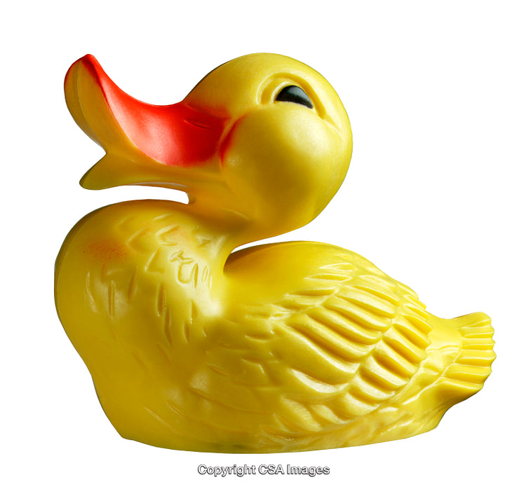 Yellow Plastic Duck Figure with Bright Red Beak on White Background
